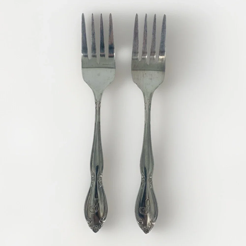 Set of 2 Vintage Customcraft China Stainless Dinner Forks Monogram C Floral
